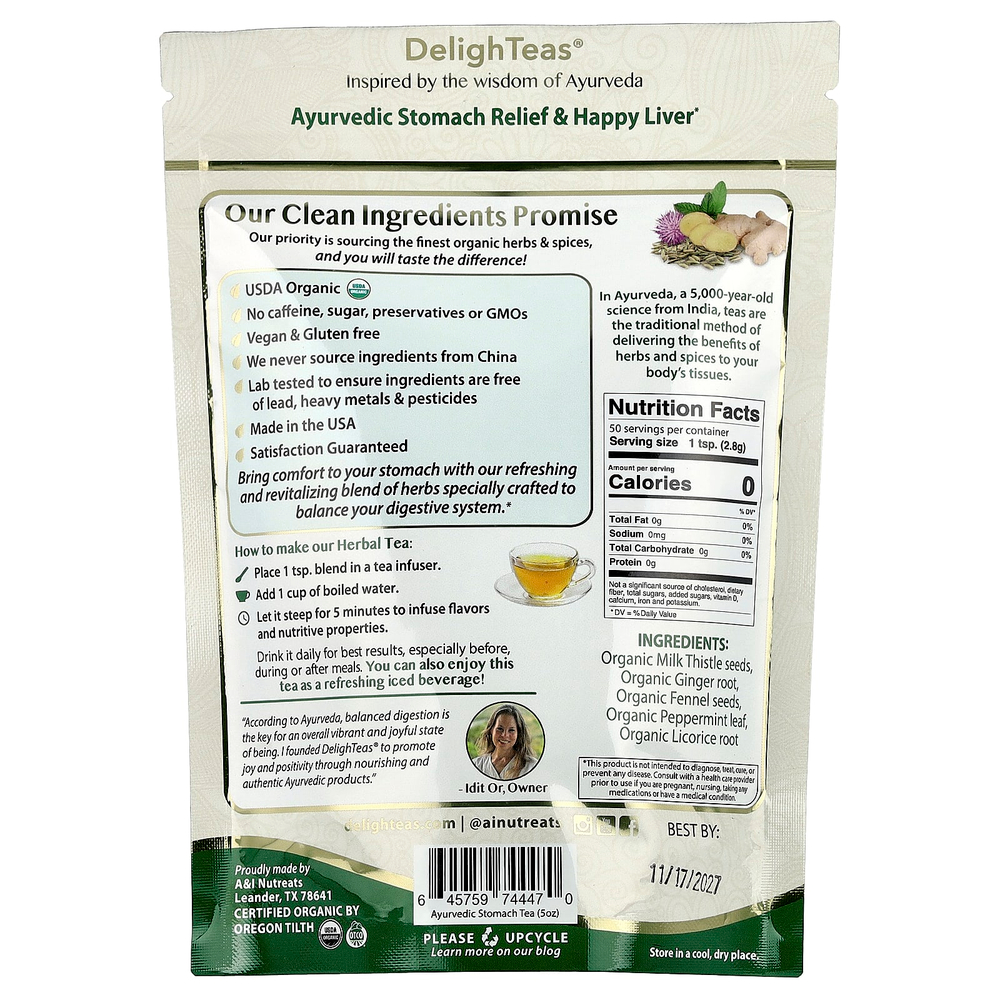 DelighTeas, Ayurvedic Stomach Relief & Happy Liver, травяной чай для выведения токсинов, рассыпчатая смесь, без кофеина, 140 г (5 унций)