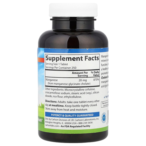 Carlson, хелатный марганец, 20 мг, 250 таблеток