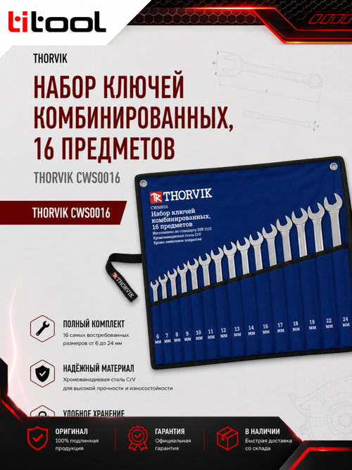 Набор ключей гаечных комбинированных в сумке THORVIK CWS0016