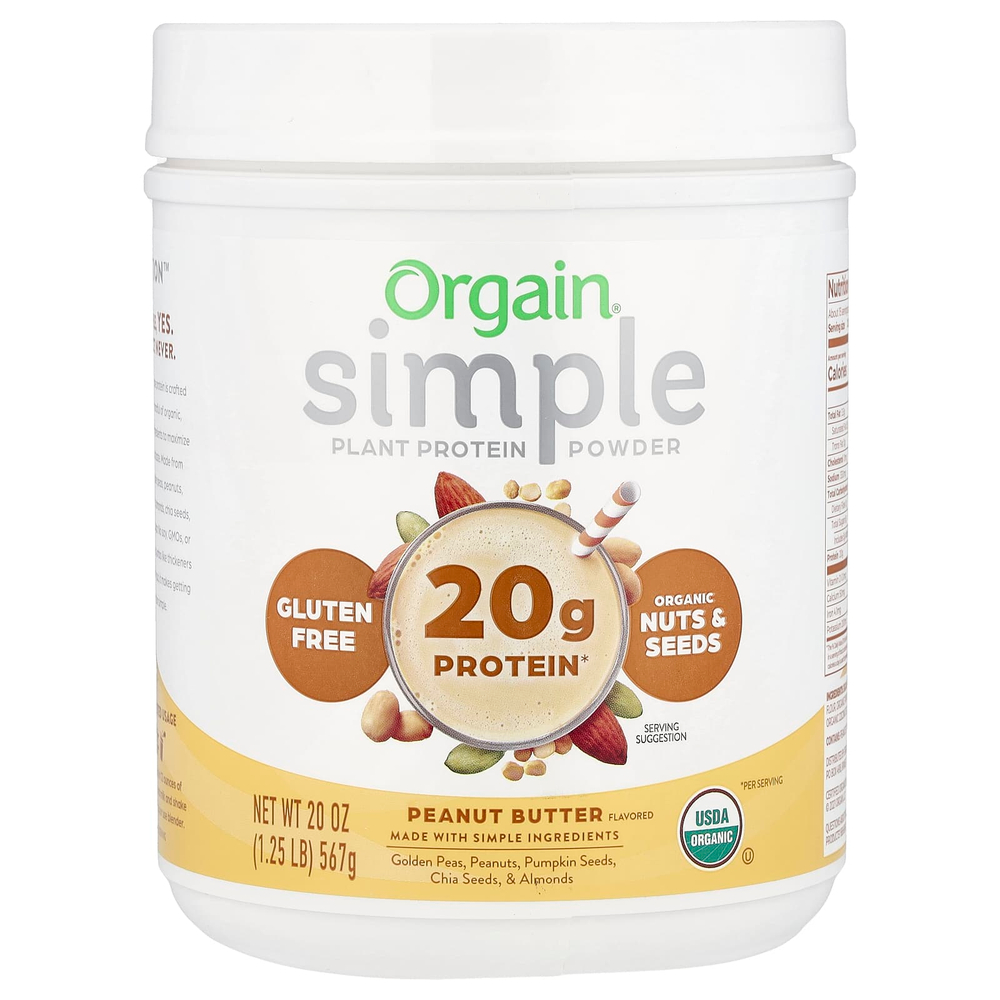 Orgain, Simple, растительный протеин в порошке, арахисовая паста, 567 г (20 унций)