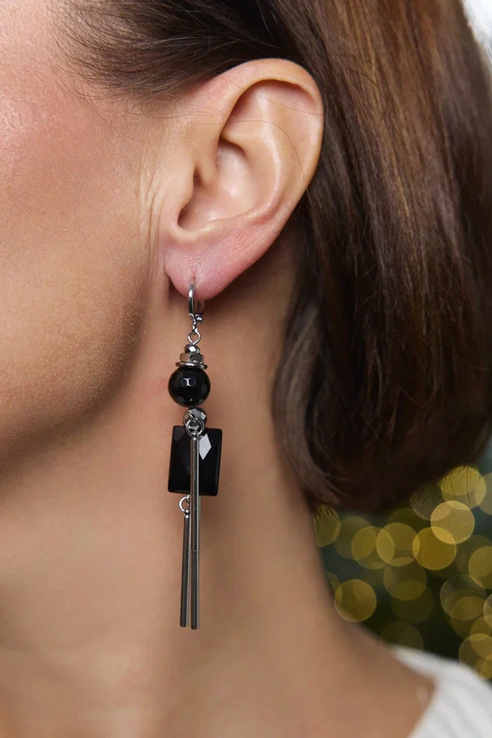 Серьги человечки с черными агатами и серыми кристаллами