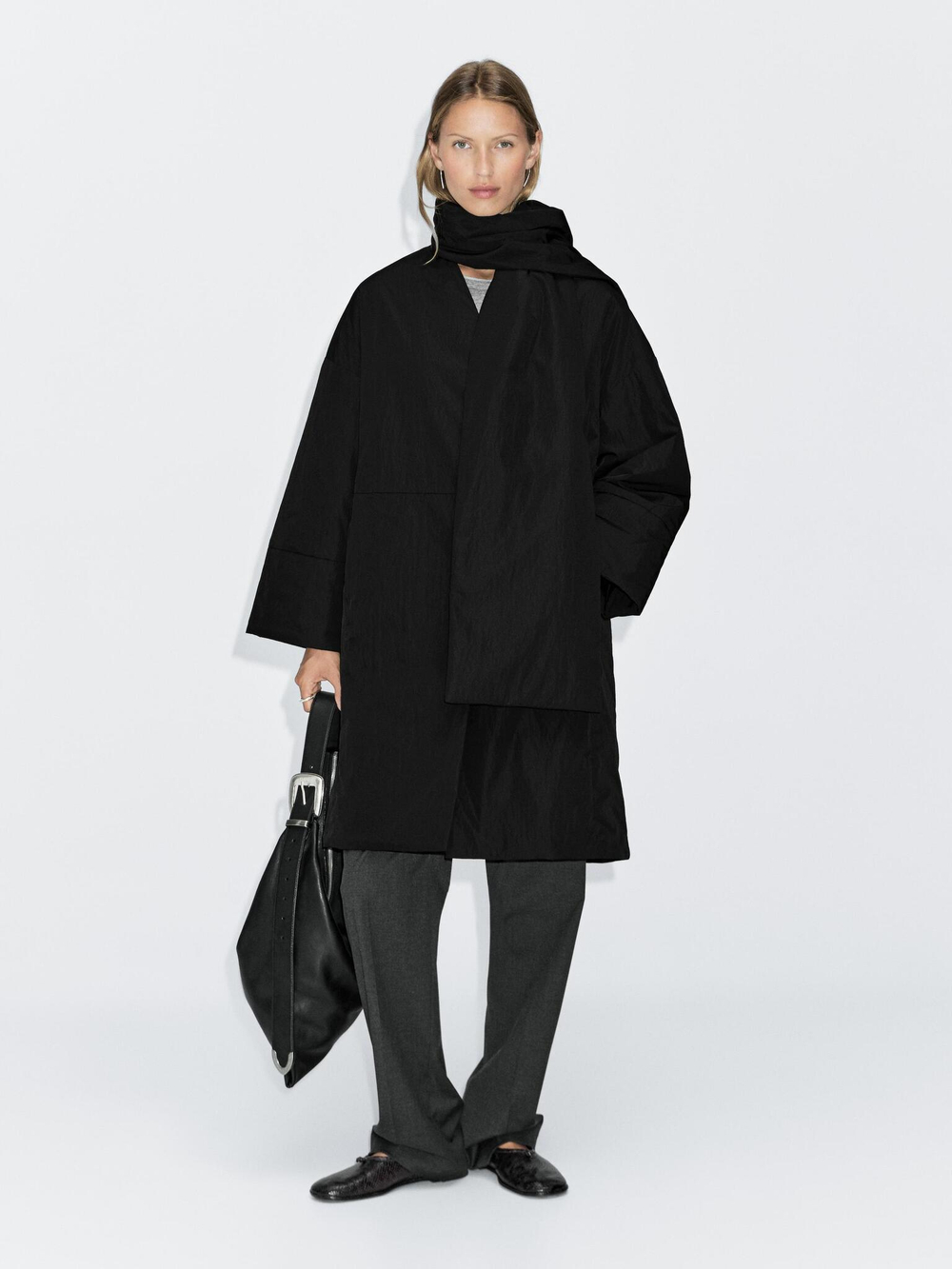 Massimo Dutti Длинное стеганое пальто с платком, черный