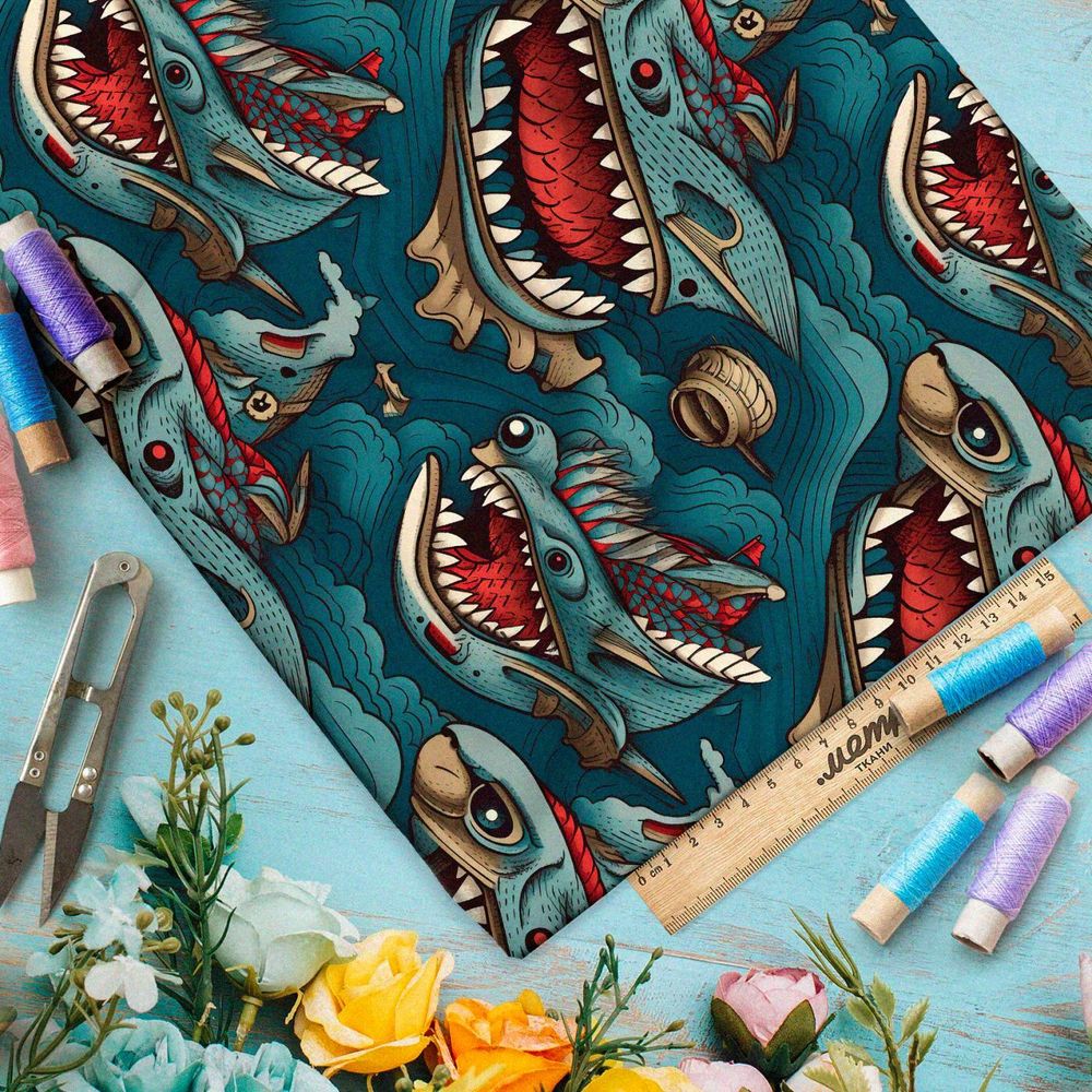 Ткань премиум бифлекс фантазийные океанские монстры
