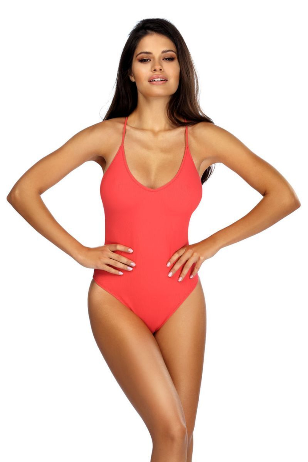 Совместный купальник с тонкими бретелями на спинке (Размер: 80/40) (Цвет: коралловый)
