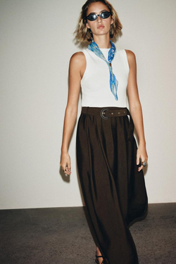 ZARA КОМБИНИРОВАННОЕ ПЛАТЬЕ-МИДИ С РЕМНЕМ, КОРИЧНЕВЫЙ/БЕЛЫЙ