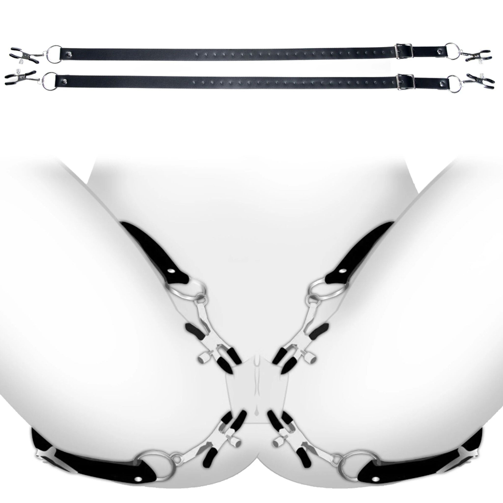 Ремни с зажимами для половых губ Spread Labia Spreader Straps with Clamps (Цвет: черный с серебристым)