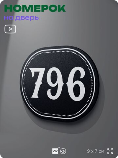 Номерок на дверь квартиры 796, для кабинета, офиса, шильдик 9 х 7 см, черный, Айдентика Технолоджи