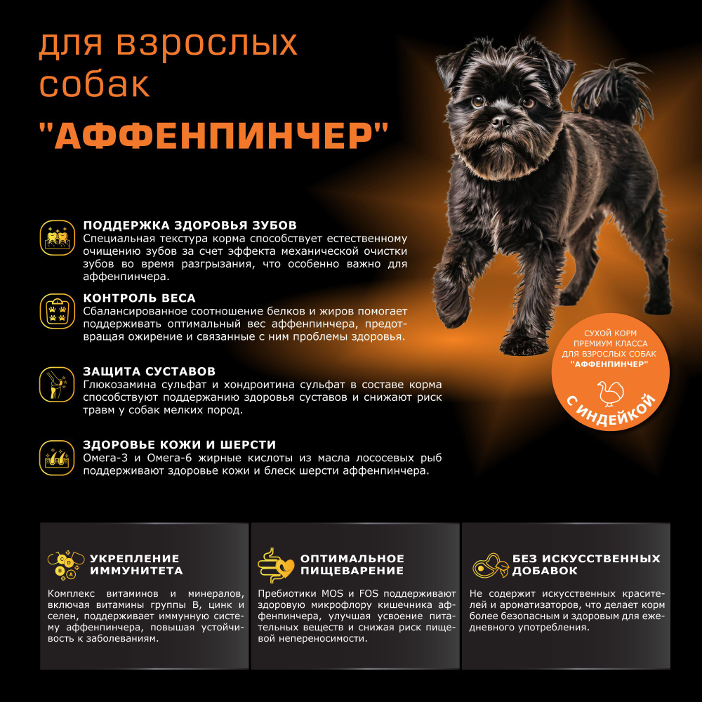 Корм сухой для взрослых собак породы Аффенпинчер, с индейкой, 800 гр, QUATTRO