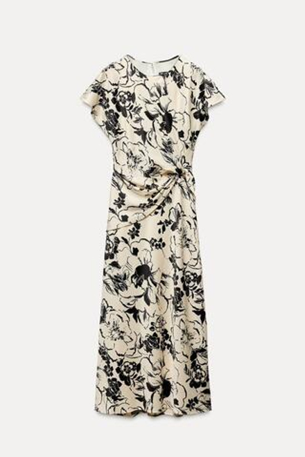 ZARA ПЛАТЬЕ МИДИ ИЗ АТЛАСА С ПРИНТОМ, БЕЛЫЙ/ЧЕРНЫЙ