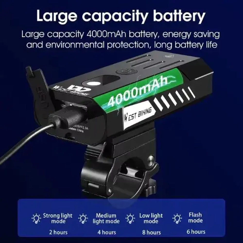 Фонарь велосипедный, передний West Biking YP0701315 (аккум. 4000 mAh, USB)