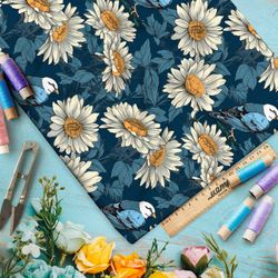 Ткань премиум дюспо птицы в ромашках