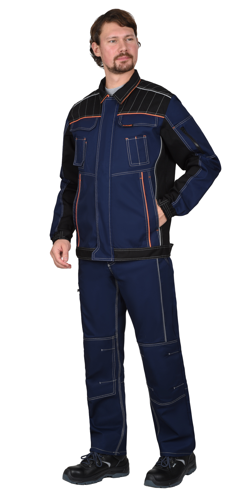 Костюм СИРИУС-ПРЕСТИЖ куртка, п/к, синий с черным и оранжевой отделкой