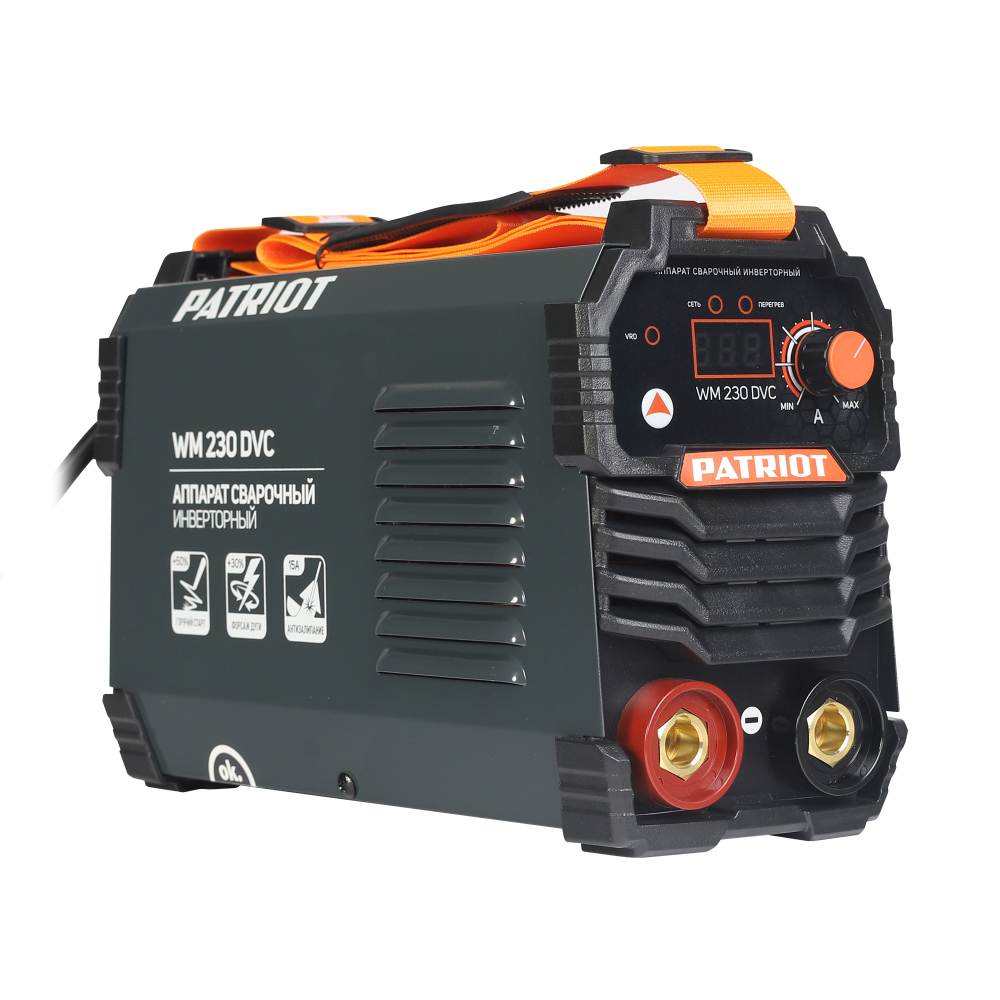 Аппарат сварочный инверторный PATRIOT WM 230 DVC MMA, входное напряжение: 1ф,140-240В;сварочный ток макс: 230A; ПВ при макс. токе: 70%, дисплей,кейс, ARC FORCE, ANTI STICK,HOT START, VRD, Электроды Patriot ЭР-46, 3мм, 1 кг