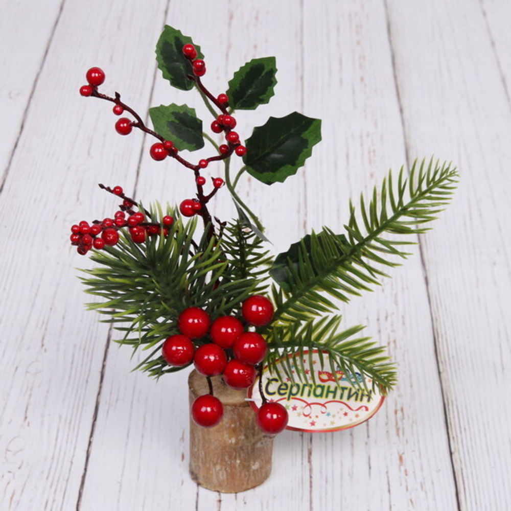 Композиция новогодняя «Алая гроздь на пеньке», 30*12 см