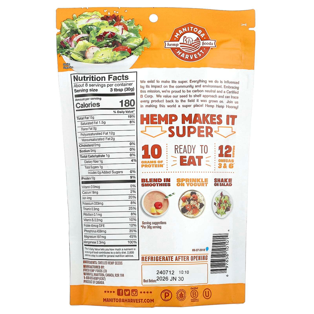 Manitoba Harvest, Hemp Hearts, очищенные семена конопли, с ореховым ароматизатором, 227 г (8 унций)