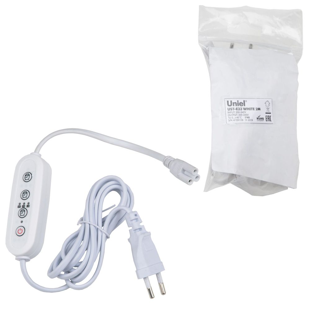 UST-E33 WHITE 2M Таймер с вилкой и разъемом L.N.G для фито светильника. 220В. 150Вт. Провод 2 метра. ТМ Uniel