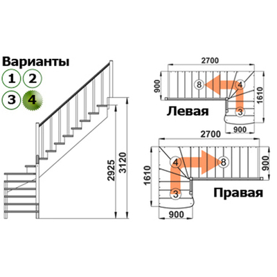 Лестница на второй этаж К-001м/4 Правая c подступенками