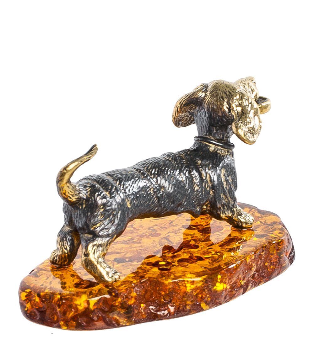 Народные промыслы AM- 574 Фигурка «Такса с тапком» (латунь, янтарь)