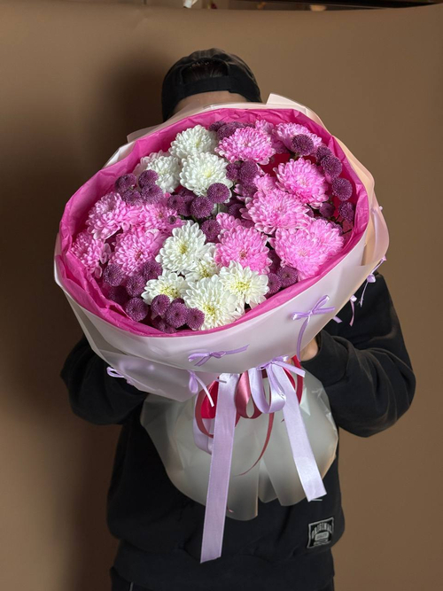 Букет с бантиками "Малинка", Хризантема микс