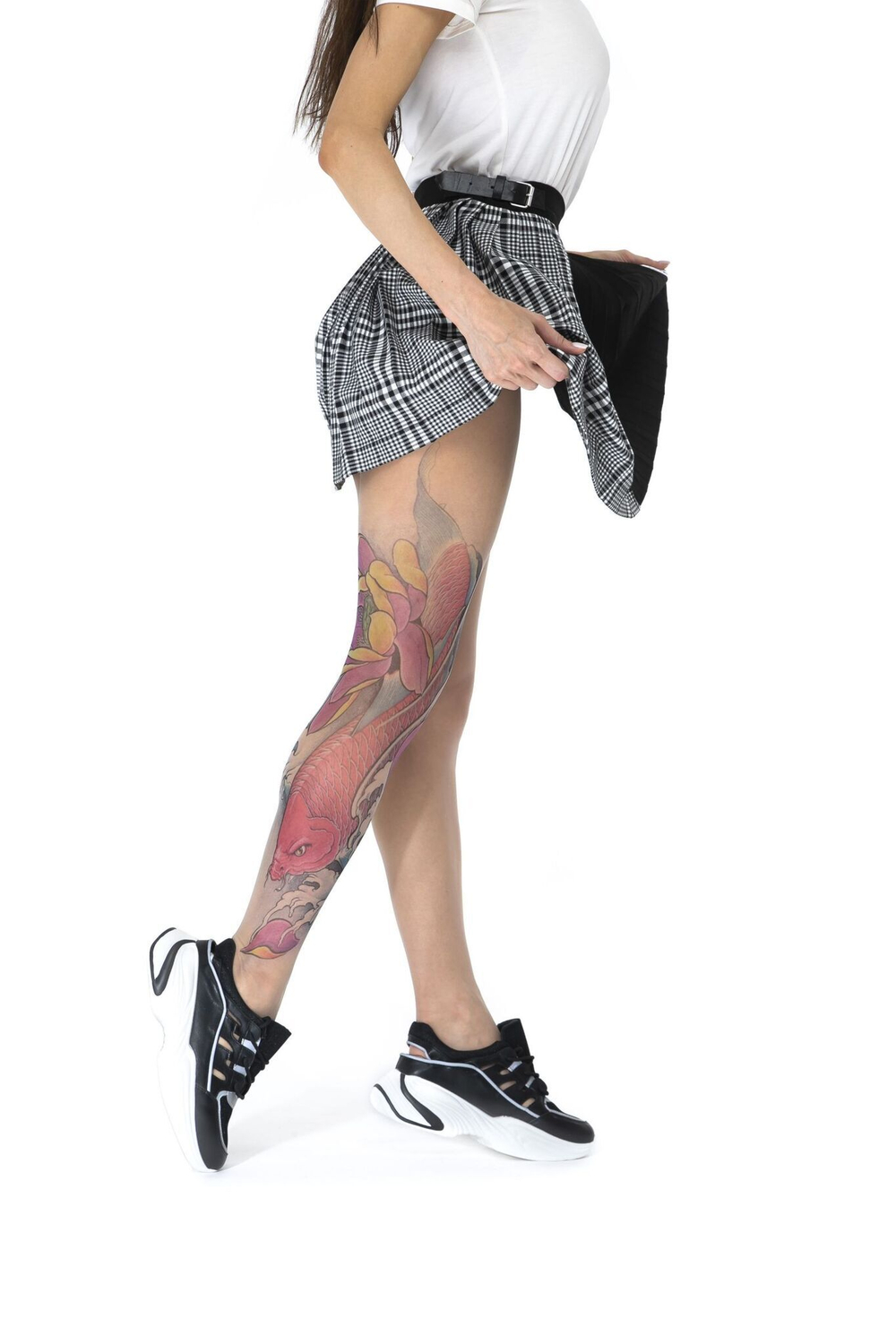 Колготки с принтом в виде карпа кои и лотоса на правой ножке (Размер: S-M-L) (Цвет: бежевый)