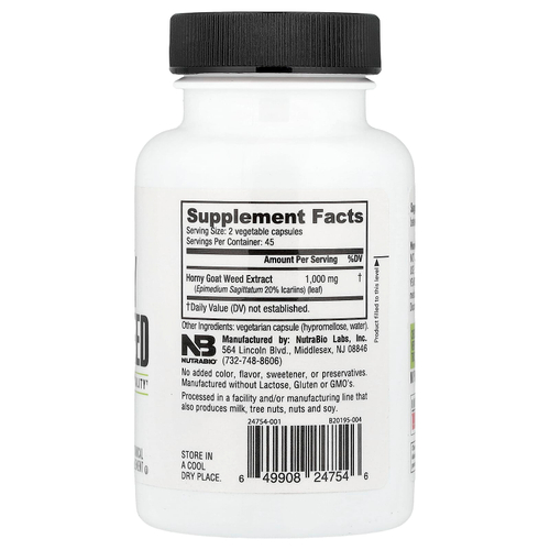 NutraBio, горянка крупноцветковая, 90 капсул (500 мг в 1 капсуле)