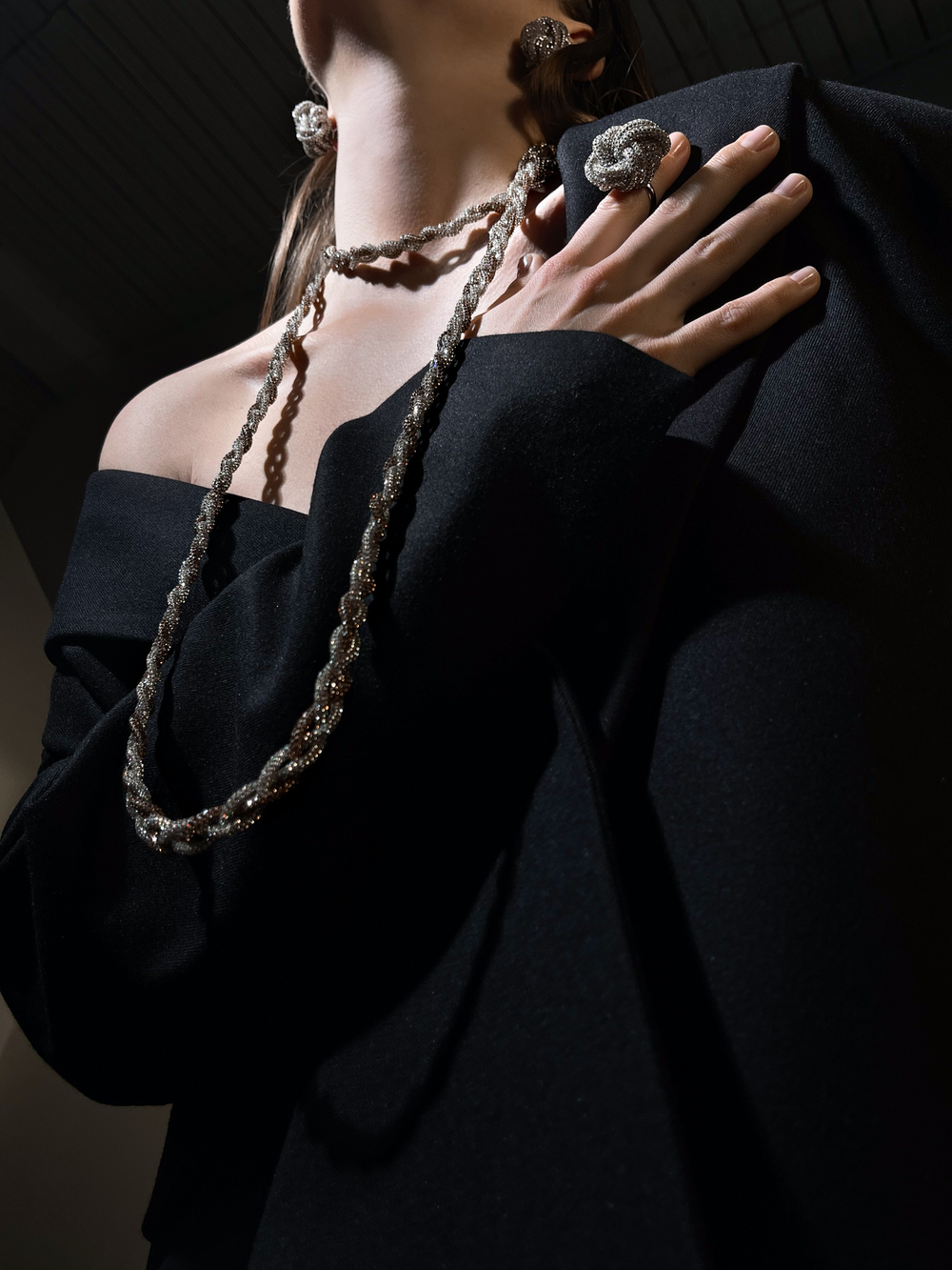 Колье длинное "переплетение" комбинированное