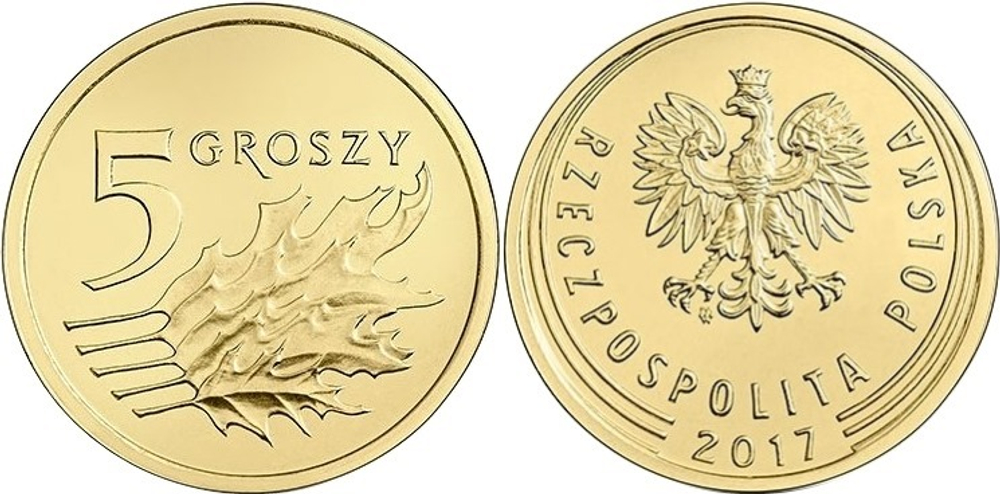 Польша 5 грошей, 2013-2016 Дубовые листья XF