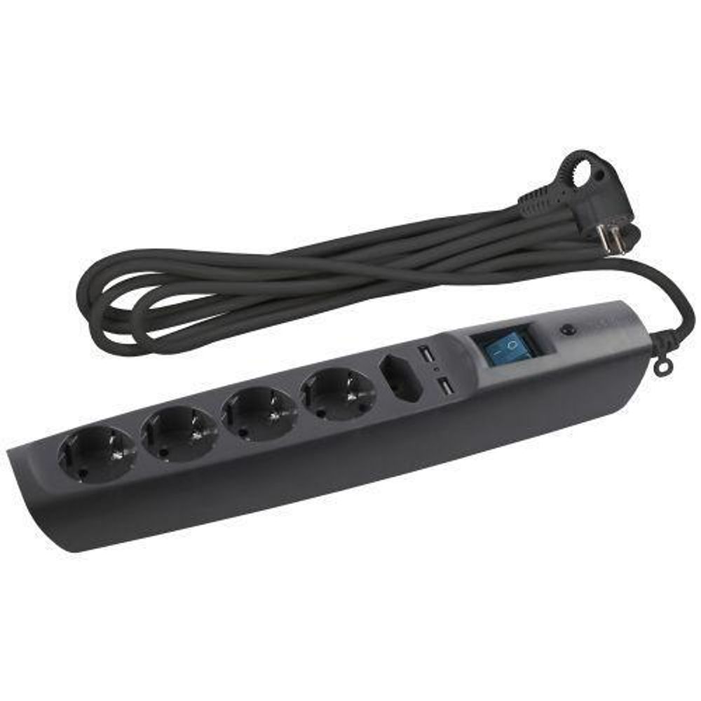 Удлинитель с сетевым фильтром 5х2м с заземл. 10А IP20 U-5es-2m-B 2хUSB ПВС 3х0.75 с выкл. защ. шторки черн. Эра C0043326
