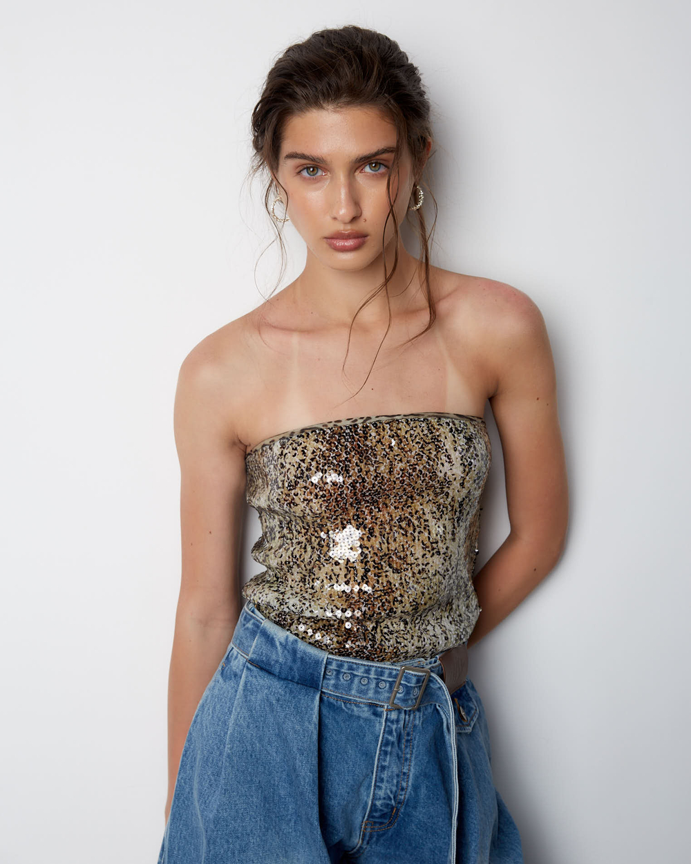 Топ из пайеток Стелла Маккартни со змеиным принтом бежевый/коричневый
