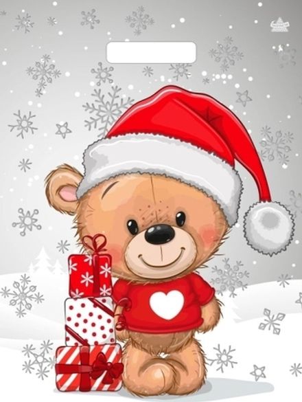 Новогодние пакеты "Мишка с подарками" 31х40+6см 60мкм (50/500шт)