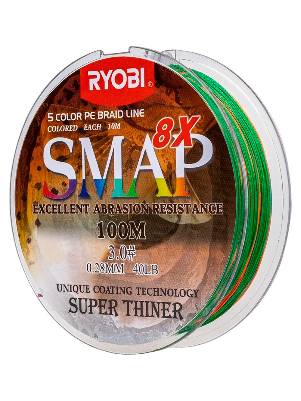 Шнур плетеный для рыбалки Ryobi SMAP PE8X-100M Multi Colour 6.0# 0,405мм