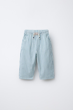 ZARA БРЮКИ В ПОЛОСКУ ИЗ ХЛОПКА И ЛЬНА, ГОЛУБОЙ