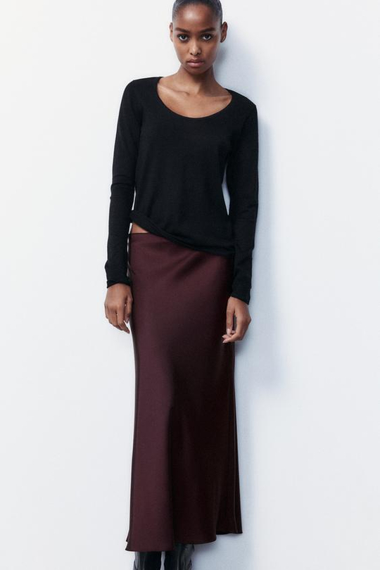 ZARA АТЛАСНАЯ ЮБКА МИДИ, ЦВЕТ БУРГУНДСКОГО ВИНА