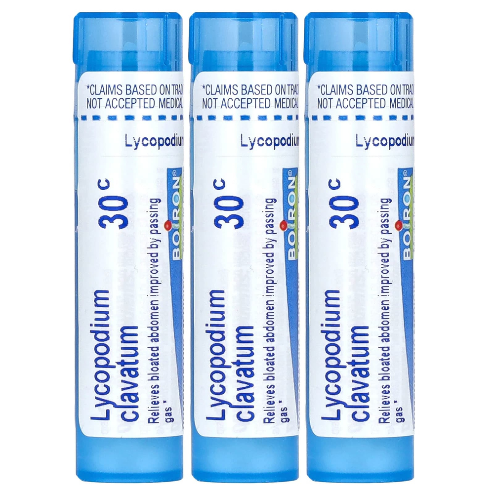 Boiron, Lycopodium, от вздутия живота и газообразования, гранулы Meltaway, 30C, 3 пробирки, 80 гранул в каждой