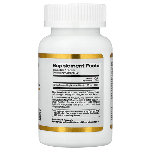 California Gold Nutrition, Ferrochel®, железо (бисглицинат), 36 мг, 90 вегетарианских капсул