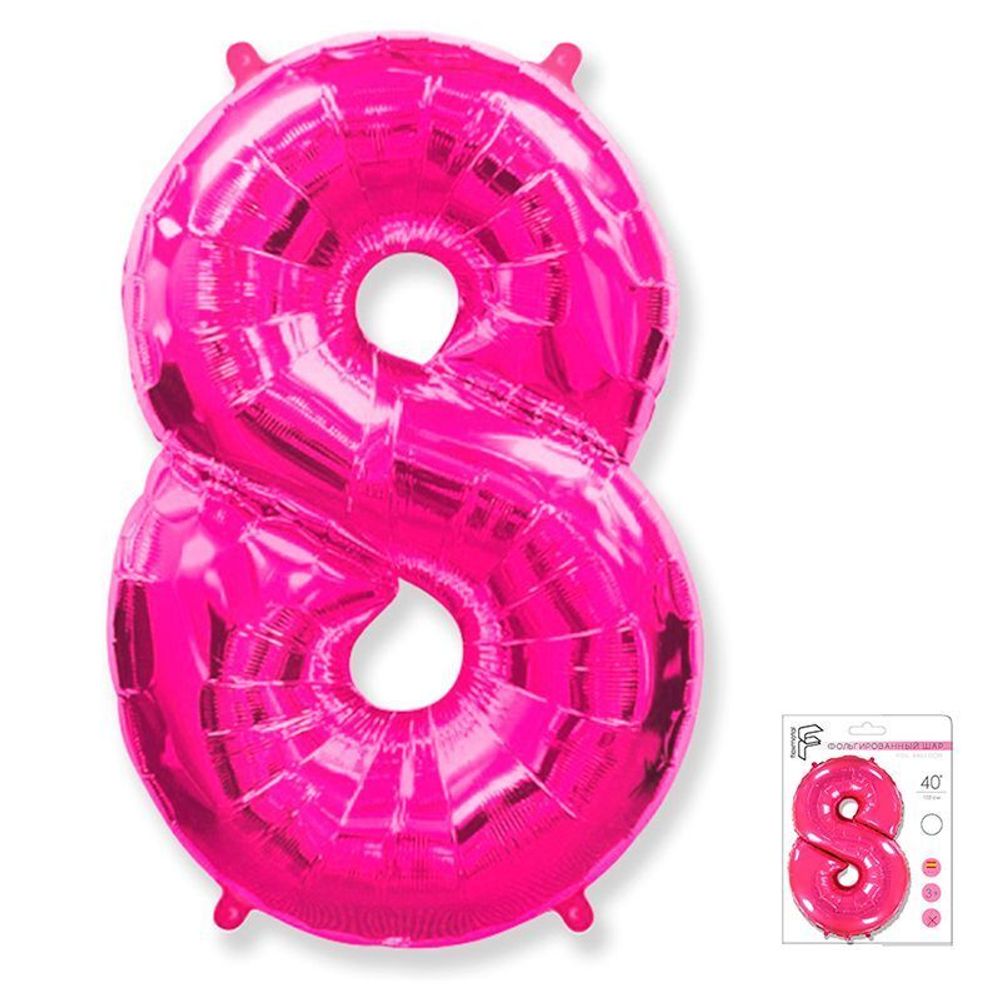 Шар (40"/102 см) Цифра "8" Фуксия в упаковке / Eight