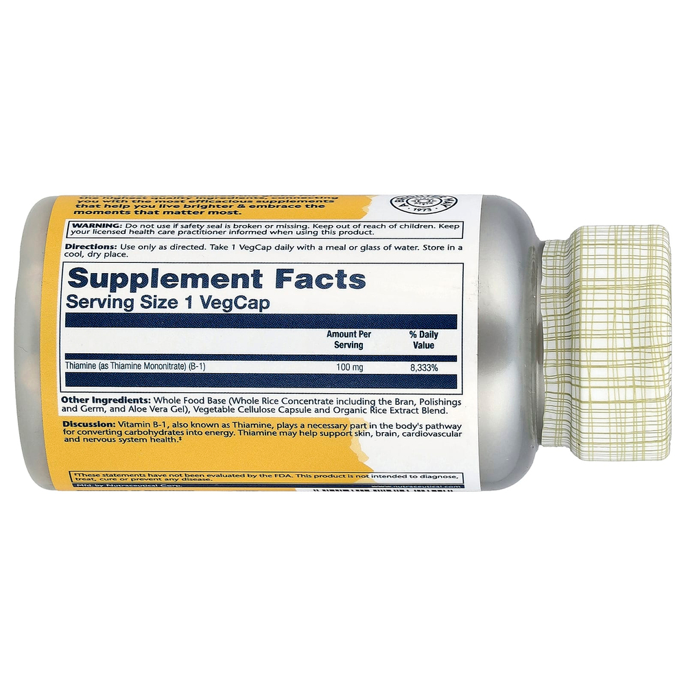 Solaray, витамин B1, 100 мг, 100 растительных капсул
