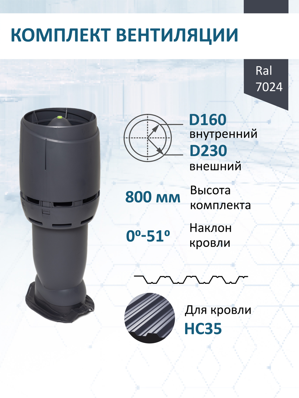 Комплект вентиляции: Вентиляционный выход изолированный Vilpe D160/225 утепленный высота H=500 мм, проходной элемент PROF-35 для металлопрофиля кровельного профнастила 35мм, колпак Ø 230 мм, серый графит