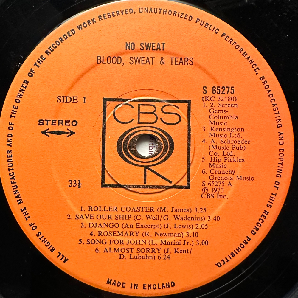 Blood, Sweat & Tears ‎– No Sweat (Англия 1973г.)