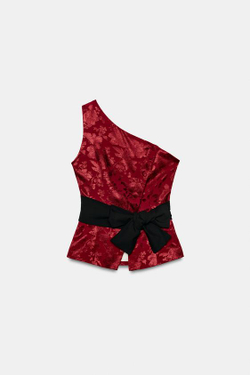 ZARA ЖАККАРДОВЫЙ АСИММЕТРИЧНЫЙ ТОП С ПОЯСОМ, БОРДОВЫЙ
