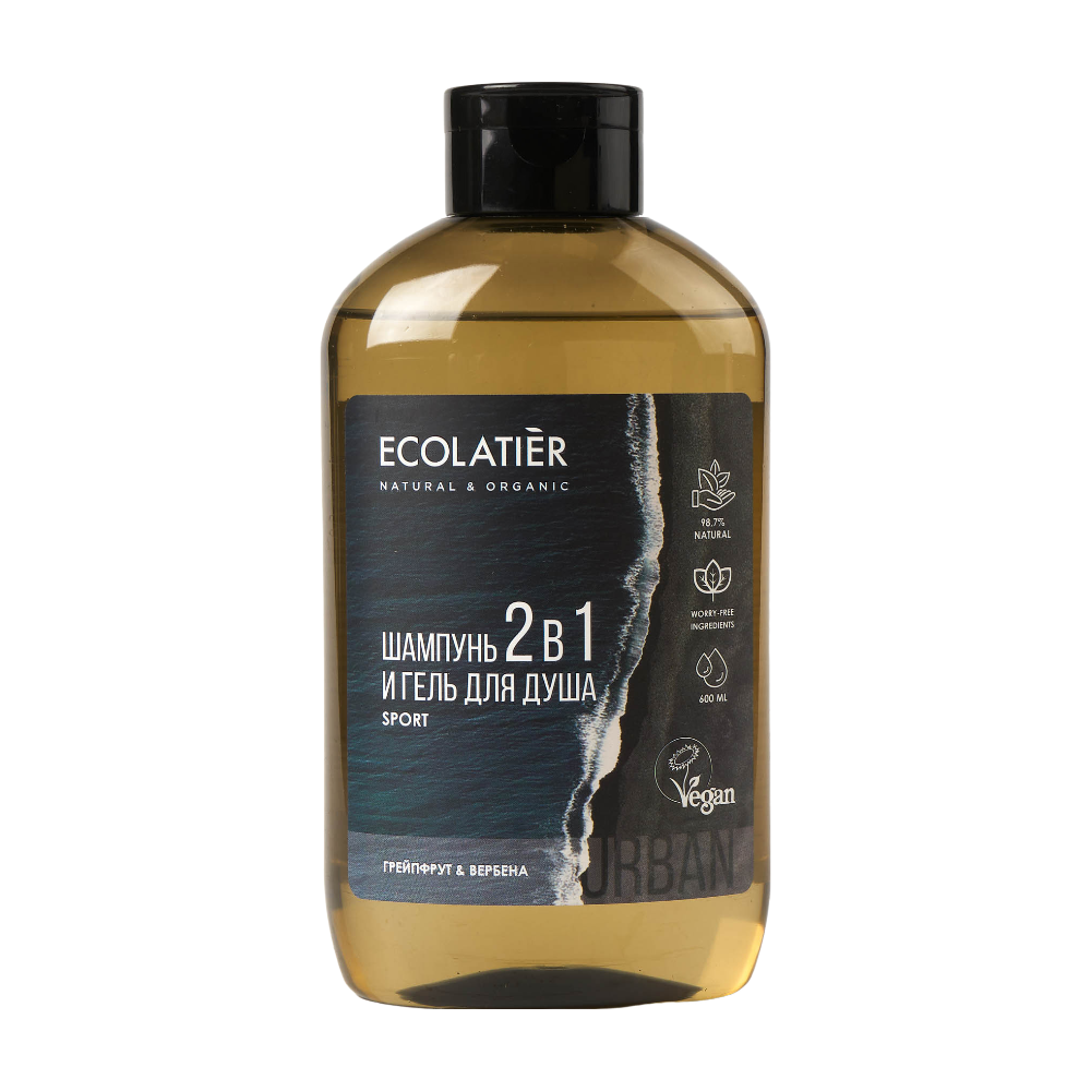 Мужской гель для душа и шампунь 2 в 1 Грейпфрут и Вербена URBAN 600мл (ECOLATIER)