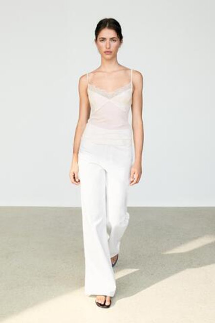 Massimo Dutti Топ на бретелях с кружевной отделкой, натуральный/кремовый