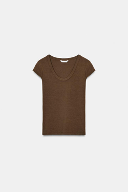 ZARA ФУТБОЛКА С ШИРОКИМ ВЫРЕЗОМ, КОРИЧНЕВЫЙ