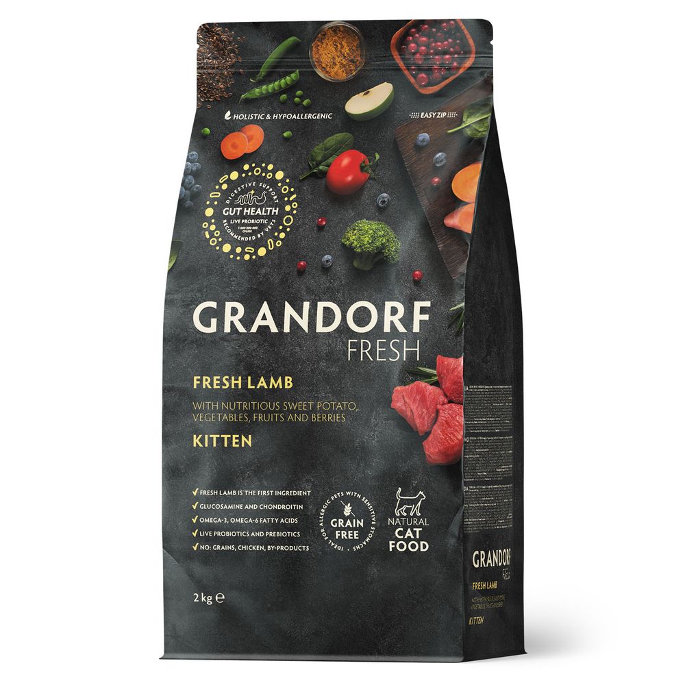 Беззерновой корм с живыми пробиотиками GRANDORF Fresh Cat KITTEN Lamb&amp;Sweet Potato Свежее мясо ягненка с бататом для котят 2 кг