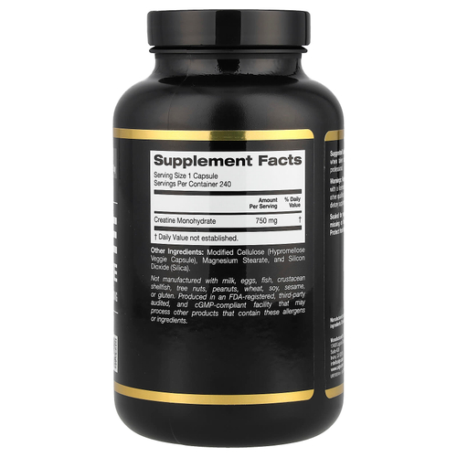 California Gold Nutrition, Sport, чистый моногидрат креатина, без вкусовых добавок, 750 мг, 240 растительных капсул