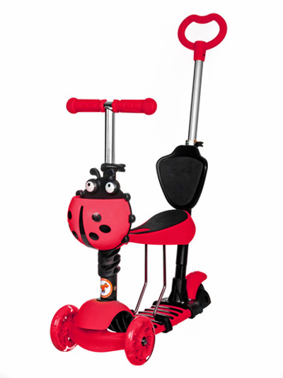 Самокат детский трехколесный +беговел Игрокат Букашка красный со светящимися колесами и родительской ручкой