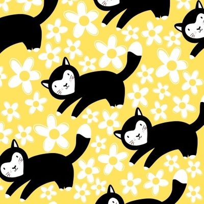 Котики и цветы на желтом фоне (детский фон)