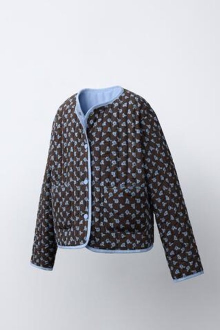 ZARA СТЕГАНАЯ КУРТКА С ЦВЕТОЧНЫМ ПРИНТОМ, КОРИЧНЕВЫЙ