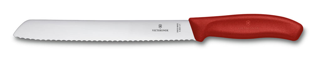 Фото нож для хлеба и выпечки VICTORINOX SwissClassic лезвие из нержавеющей стали 21 см с волнистой заточкой красная пластиковая рукоять в картонном блистере с гарантией