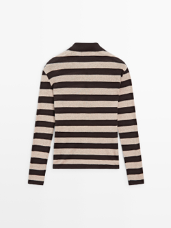 Massimo Dutti Трикотажный свитер из смесового хлопка с воротником-поло, коричневый